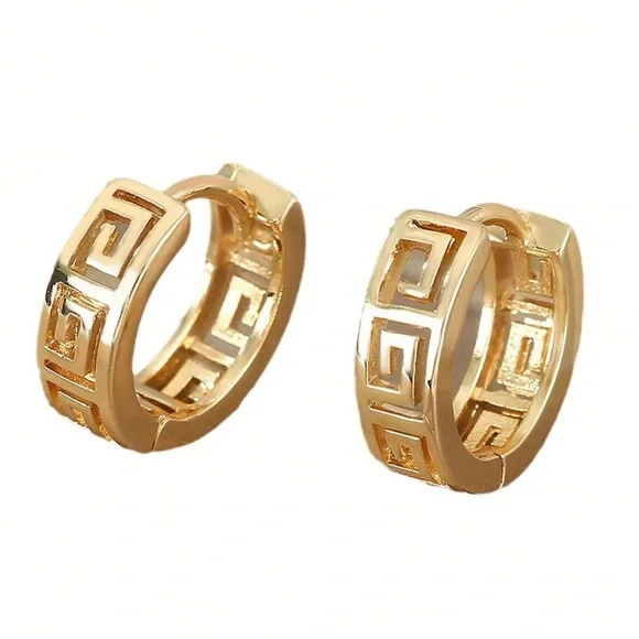 Textured Greek Earrings Elegant Gold tone Openwork Stencil Key Pierced Hoop New - Picture 2 of 6